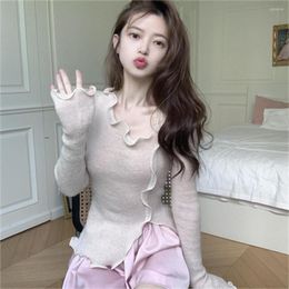 Women's Sweaters Wooden Ear Sweater Lotus Root Pink Irregular Long-Sleeved Autumn And Winter Korean Style Slim Slimming Casual Top H1049