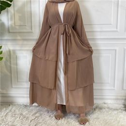 Ethnic Clothing 2023 Women Muslim Plain Soft Chiffon Dress Prayer Garment Jilbab Abaya Fashion Three Layer Cardigan Full Cover Robe