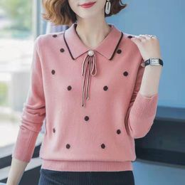 Pullovers Autumn Winter Dot Printing Turn Down Collar Large Nail Bead Bow Decorate Thick Pullovers Straight Women Knitting Sweaters 3xl