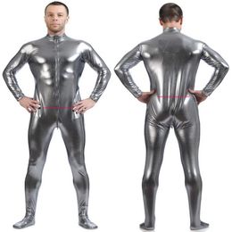 Men's Body Suit Costumes Front Long Zipper Silver Grey Shiny Lycra Metallic Men Catsuit Costume Outfit No Head Hand Halloween317b