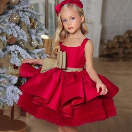 Girl's Dresses Red Flower Girl Dress Square Neck Sleeveless Big Gold Bowtie Ruffles Tulle Puff Birthday Party Dresses Pageant Gowns 230714