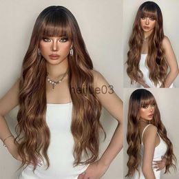 Synthetic Wigs HENRY MARGU Synthetic Long Curly Highlight Wigs With Bangs Mixed Chocolate Brown Golden Hair Wigs for Black Women Cospaly x0715