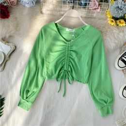 Women's T Shirts Sexy V-neck Drawstring Solid Knitted Crop Top Spring And Fall Clothes For Women 2023 Korean Fashin Indie Long Sleeve