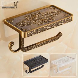 Toilet Paper Holders Bathroom Shelves Antique Bronze Carving Toilet Roll Paper Rack with Phone Shelf Wall Mounted Bathroom Paper Holder E654 230714