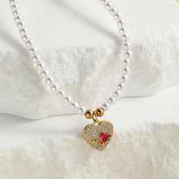 Pendant Necklaces Red Heart Zircon Inlaid Imitation Pearl Necklace Women Collar Stainless Steel Buckle Boutique Production