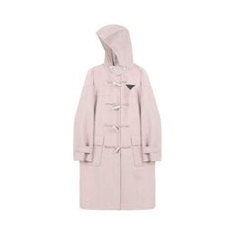 Autumn and winter women hooded long Woollen horn button trench coat, nylon soft and comfortable inside, loose long fashion.