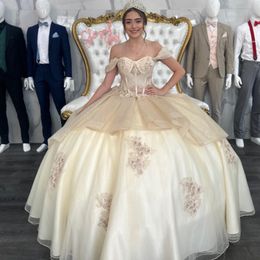 Ivory Gloden Quinceanera Dress Off the Shoulder Princess Birthday Party Gown Applique Lace Gift Long Puffy Skirt Formal Dresses