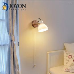 Wall Lamp Japanese Adjustable Solid Wood Ceramics Lampshade Bedroom Bedside Reading Light Vintage Retro LED Lights Fexible