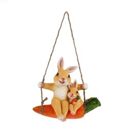 Garden Decorations Figurine Decor Animal Creative Rabbit Hanging Swing Porch A Rope Ornament Garden Resin Statue Realistic Porcelain Bunny Micro L230715