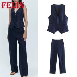 Parkas Traf Woman Fashion 2023 Summer Navy Blue Office Lady Woman Suits V Neck Vest Blazer+vintage High Waist Long Leg Pants Woman Sets