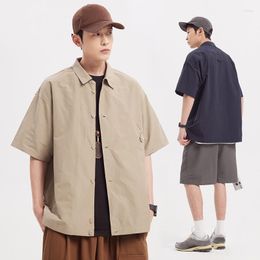 Mens Casual Shirts Summer Retro Blue Khaki Cotton Short Sleeve Shirt Men Fashion Loose Button Up Top Streetwear Boys Coat Plus Size Xxl