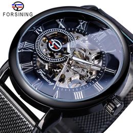 Forsining Retro Fashion Design Skeleton Sport Mechanical Watch Luminous Hands Transparent Mesh Bracelet For Men Top Brand Luxury262a