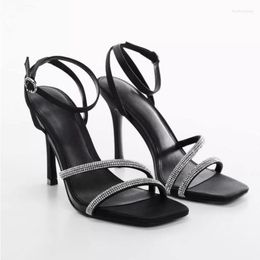 Sandals 2023 Summer Black Pink Rhinestone Heels Women's Spring/summer Sexy Open-Toe Stibale Silk Strap