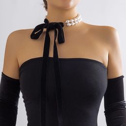 Choker Lacteo Vintage Multilayer Imitation Pearl Women Necklace Long Wide Black Rope Chain Trendy Jewelry Collar Party Beach