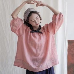 Women's Blouses Johnature Mori Women Tops 2023 Summer Linen Vintage Solid Colour O-neck Tie Patchwork Lace Hollow Out Loose Female Shirts