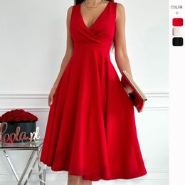 Basic Casual Dresses 2023 Europe and the United States style solid color summer V neck sleeveless splicing large swing mid length female dress 230715