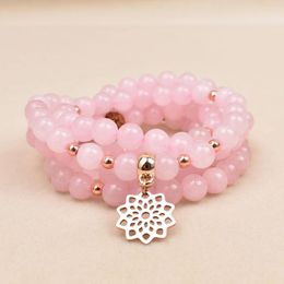 Strand Stainless Steel Lotus Charm And Natural Rose Quartz Beaded Elastic Bracelet 108mala Yoga Jewellery