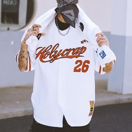 Men's T Shirts American Hip hop Baseball Short sleeved Cardigan Loose T shirt Hiphop Letters Y2K West Tops Clothing 230714