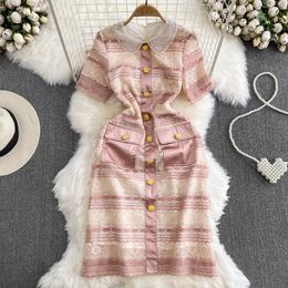 Luxury and Elegant Dress with a Small Fragrant Short Sleeve Doll Neck Waist Wrapped Slim A-line Lace Dress