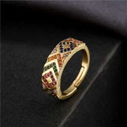 Band Rings New Gold Color Colourful Cubic Zircon Wedding Ring Fashion Geometric Pattern Open Ring For Women Femme Wholesale R230715