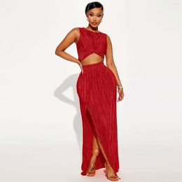 Work Dresses 2023 Sexy Two Piece Set Fashion Pleated Solid Color Women Draped Sleeveless Crop Top And High Slit Long Skirt Streetwear