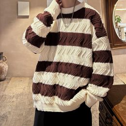 Men's Sweaters Wave Stripe Patchwork Colour Round Neck Loose Fashion Korean Clothing Autumn Winter Casual Male Knitted Pullovers