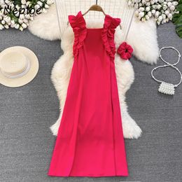 Casual Dresses Neploe Elegant Sweet Mid-length Rose Red Dress For Women Summer Loose Flying Sleeve Y2k High Waist A-line Vestidos