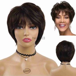 Synthetic Wigs GNIMEGIL Synthetic Short Pixie Cut Wig with Bangs Fashion Hairstyles Celebrity Wig Brown Mix Color Mommy Wig Old Lady Daily Wigs x0715