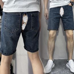 Men's Jeans Shorts Summer Thin Invisible Open-Seat Pants Fifth Versatile Simple Denim Retro Casual Outdoor Sex