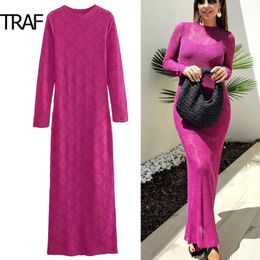 Basic Casual Dresses TRAF Long Sleeve Women s Summer Dress Red Bodycon Knitted Hook Flower Hollow Midi Sexy Female Clothing 2023 230715