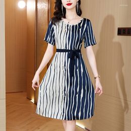 Casual Dresses Black Satin Silk Striped Dress Female 2023 Summer V-neck Short-sleeved Waist Mid-length Skirt