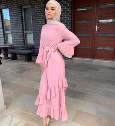 Ethnic Clothing Elegant Women Flare Sleeve Ruffle Long Maxi Dress Abaya Dubai Kaftan Islamic Robe Gown Arab Dresses Draped Design A1425