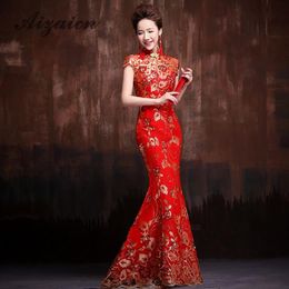 Red Embroidery Cheongsam Modern Qipao Long Chinese Wedding Dress Women Traditional Evening Gown Oriental Elegant Party Dresses260A