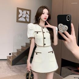 Work Dresses Summer Korean Sweet Fashion Two Piece Set Women Puff Sleeve Coat High Waist Mini Skirt Small Fragrance Suit Casual Outfit