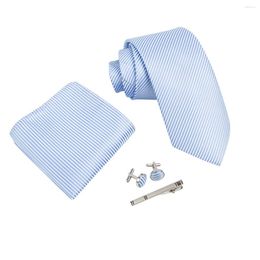Bow Ties Ikepeibao Men Sky Blue Striped Plaid Necktie Sets Pocket Square Metal Cufflinks Clip Shirt Accessories Fit Wedding Many Color