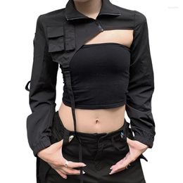 Women's Jackets Women Y2K Turtleneck Crop Tops Shrug Irregular Jacket Short Coat Girl Casual Zip Up Cutout Long Sleeve Blouse Shirt