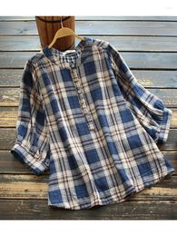 Women's Blouses 4 Colours -- Lamtrip Retro Plaid Soft Cotton Yarn Short Lantern Sleeve Stand Collar Shirt Top Mori Girl 2023 Summer