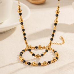Choker Minar Handmade Black White Colour Natural Stone Agate Strand Beaded Necklaces For Women 18K Gold Plating Stainless Steel