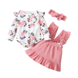 Clothing Sets Born Baby Girl Clothes 3Pcs Cotton Floral Printing Long Sleeve Round Collar Romper Lace Suspender Skirt Headwear 0-24M