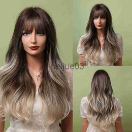 Synthetic Wigs ALAN EATON Long Wavy Ombre Black Brown Platinum Blonde Synthetic Wigs with Bangs Cosplay Heat Resistant Hair Wigs for Women x0715