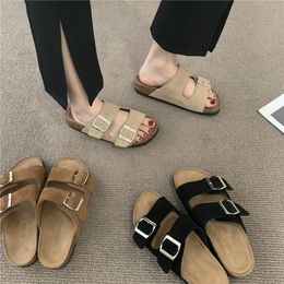 Slippers Fashion Suede Leather Women's Summer Outside Wear Cork Slides Ladies Double Buckle Couple Beach Shoes 34 42 Black Beige 230714