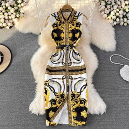 2023 Summer Vintage Style Polo Collar Sleeveless Elegant Style Long DressBaroque Print Single breasted Dress