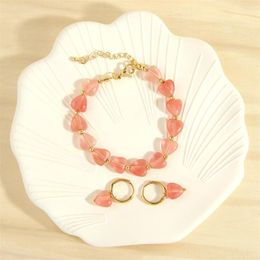 Necklace Earrings Set Sweet Cute Heart Shape Natural Stone Bracelet Korean Fashion Pink Love Pendant Hoop Women's Jewellery Wholesale