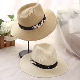Berets Spring Summer Hats For Women Flower Beads Wide Brimmed Jazz Panama Hat Sun Visor Beach Pearl Rivet Straw