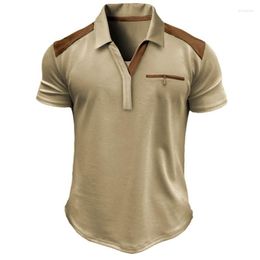 Men's Polos Vintage Patchwork Polo Shirts Short Sleeve Turn-down Collar Zipper Tee Tops Summer Fashion Casual Retro Tshirts