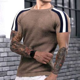 Men's T-Shirts 2023 Spring Summer Short Sleeve Waffed Casual T-shirt Mens Clothes Fashion Striped Patchwork Tees For Men Leisre Loose Pullovers L230715