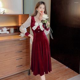 Casual Dresses Fall 2023 Party Brought Retro Sweet Bowknot Nets Yarn Splicing Pleuche Long Dress