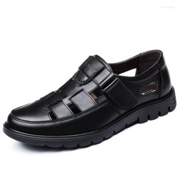 Sandals 2023 Summer Men Genuine Leather Shoes Thick Sole Cow Mens Flat Brand Male Footwear Black KA4414