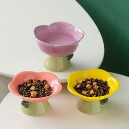 Cat Bowls Feeders Cute Ceramic Bowl Non slip Flower Shape High Foot Dogs Puppy Feeder Feeding Food Water Elevated Raised Dish Pet Supplies 230715