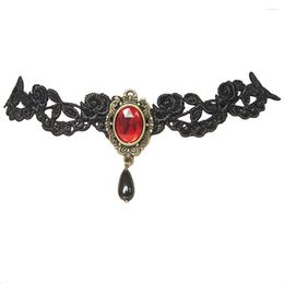 Choker Black Lace Necklace Royal Court Vampire With Red Rhinestone And Teardrop Pendant Costume Jewellery For Women